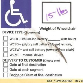 Wheelchair tag showing no transfer information noted.